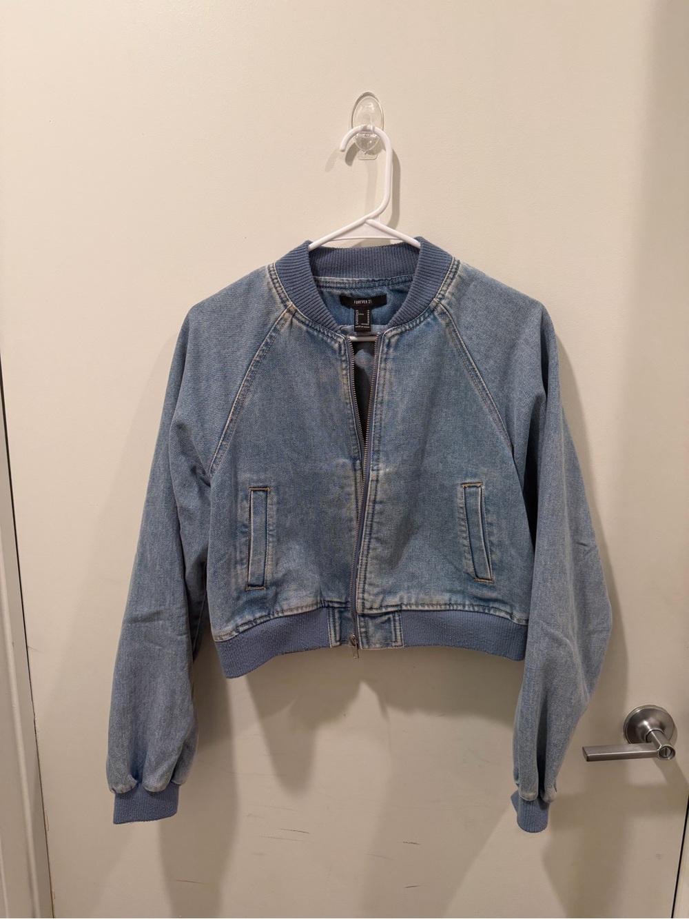 Forever21 Light Blue Denim Bomber Jacket - Women